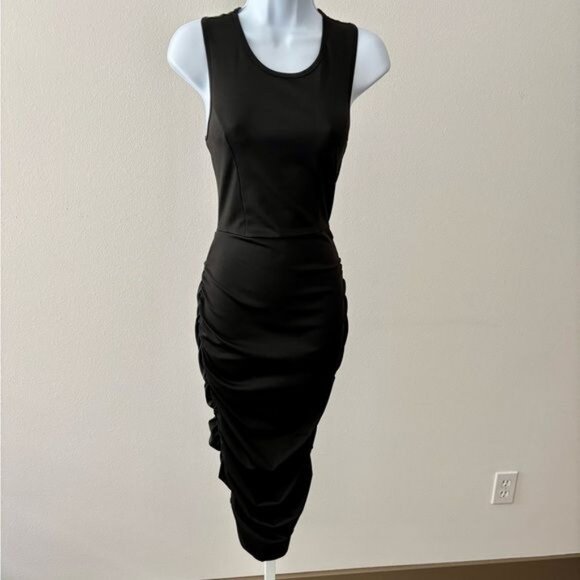 Ruched Dress Small Black Open Back BodyCon Festival Urban Streetwear Minimalist - Picture 12 of 12